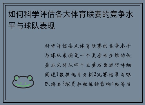 如何科学评估各大体育联赛的竞争水平与球队表现