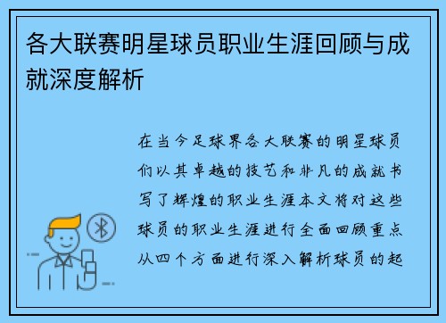 各大联赛明星球员职业生涯回顾与成就深度解析
