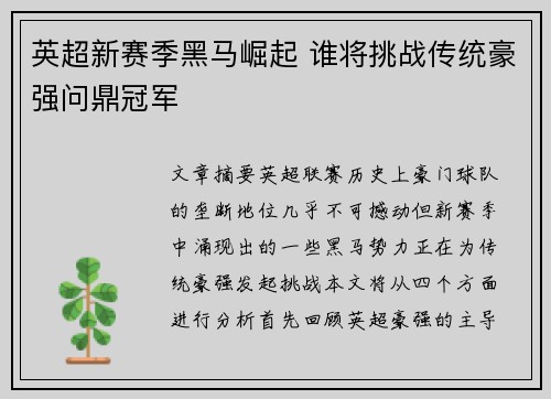 英超新赛季黑马崛起 谁将挑战传统豪强问鼎冠军