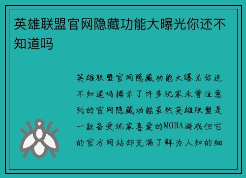 英雄联盟官网隐藏功能大曝光你还不知道吗